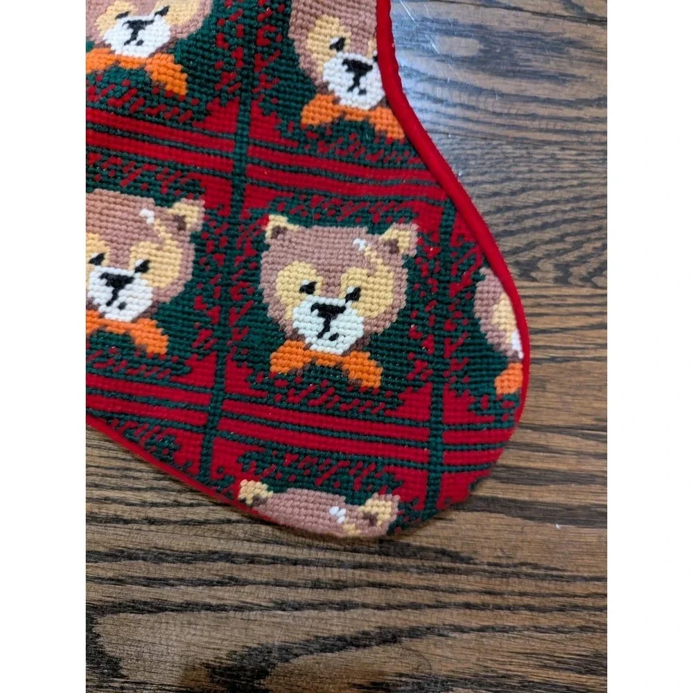 Vintage Needlepoint Christmas Stocking Country Bear Bells Red Velvet Candamar